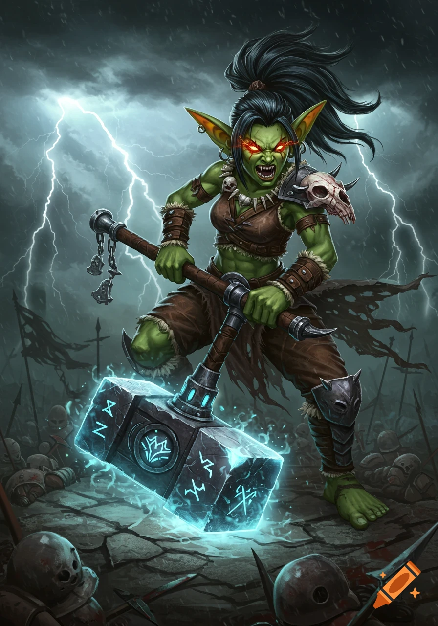A fierce green female goblin warrior in tribal armor wields a glowing rune-etched warhammer amidst a stormy battlefield under lightning.