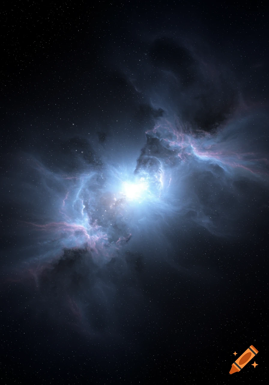 A bright, glowing blue and pink nebula with wispy clouds against a dark, starry background.
