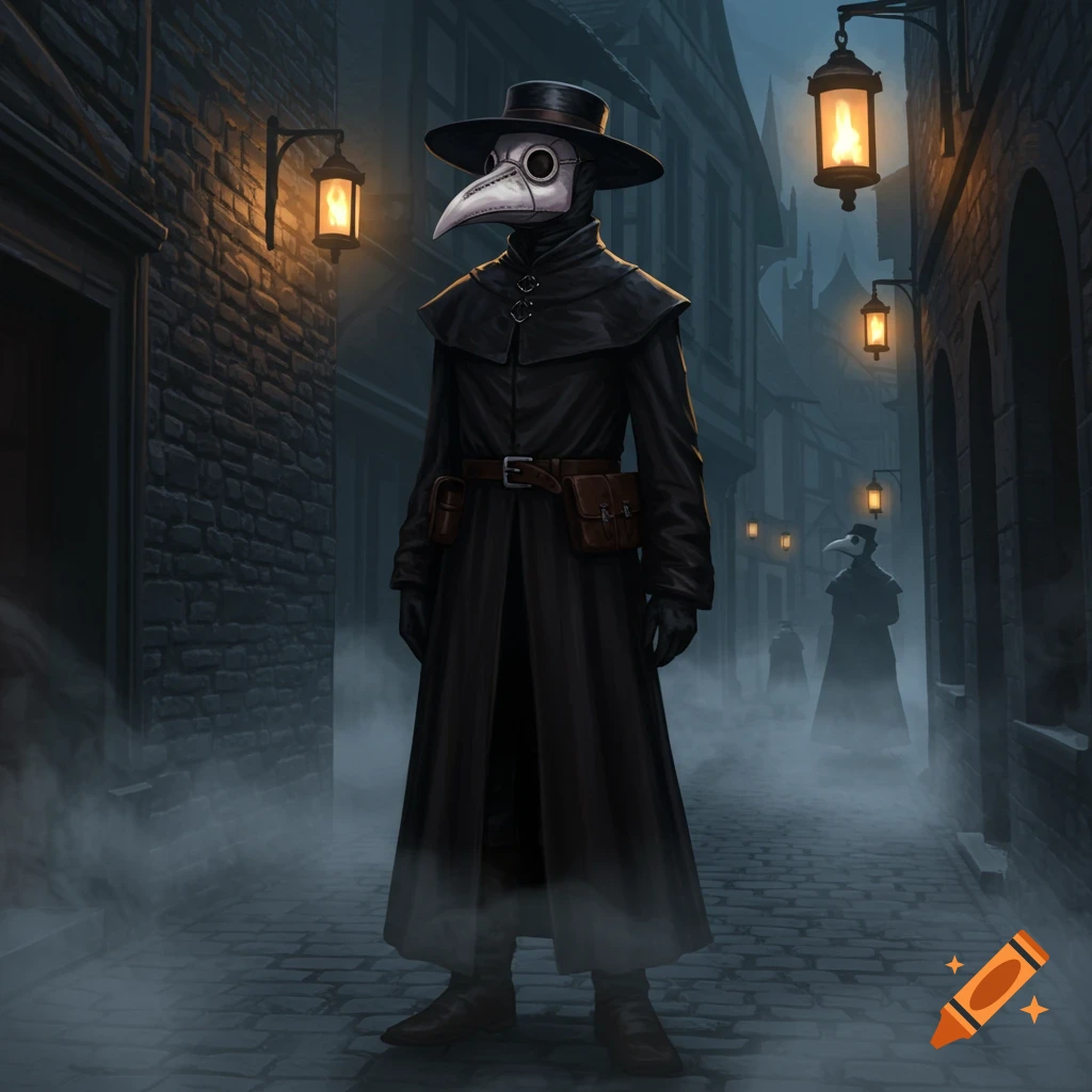 A tall plague doctor in a black coat and mask stands in a foggy, dimly lit cobblestone alley with lanterns.