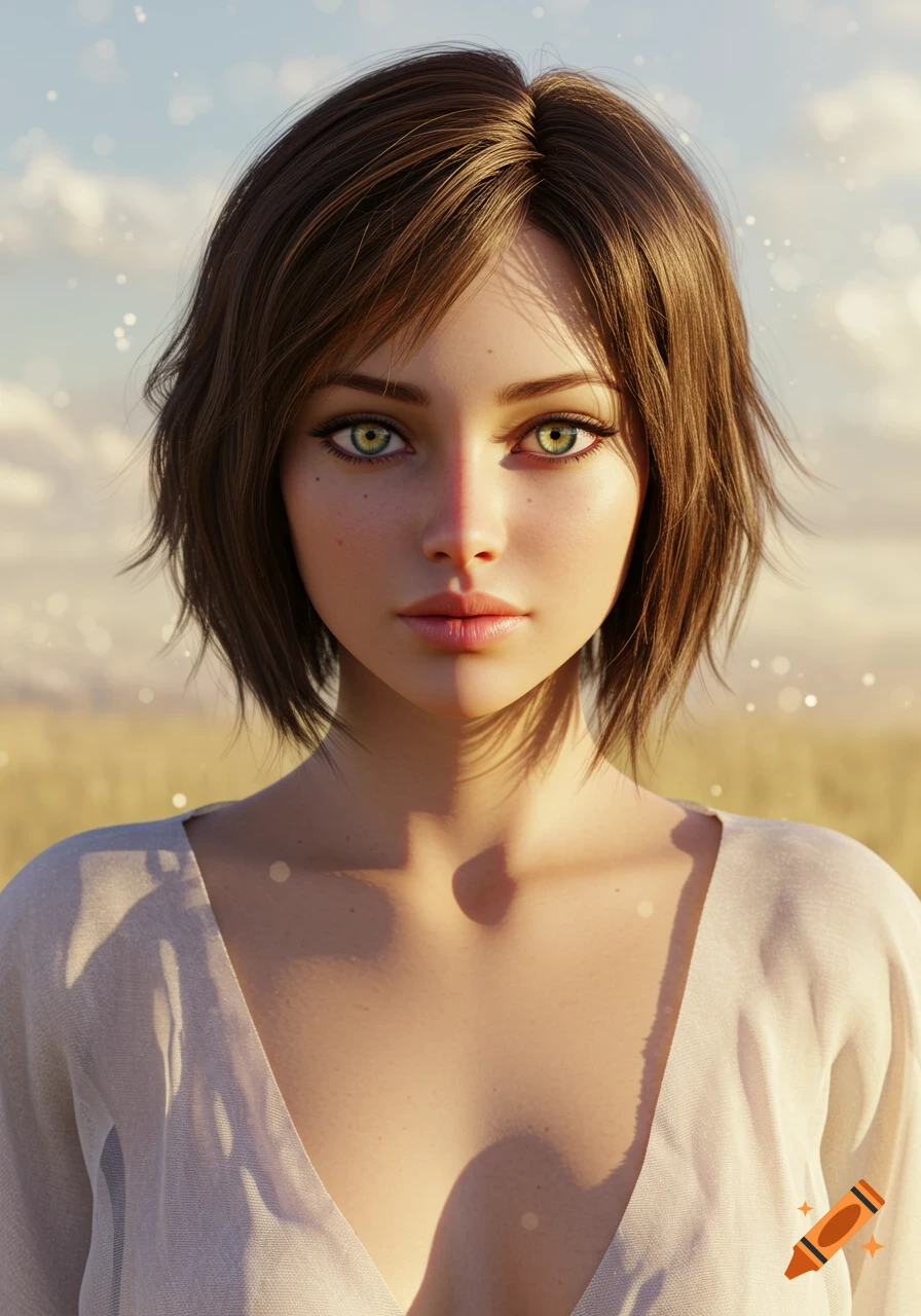 Photorealistic portrait of a young woman with short brown hair, green eyes, and a serene expression, bathed in sunlight in a field.
