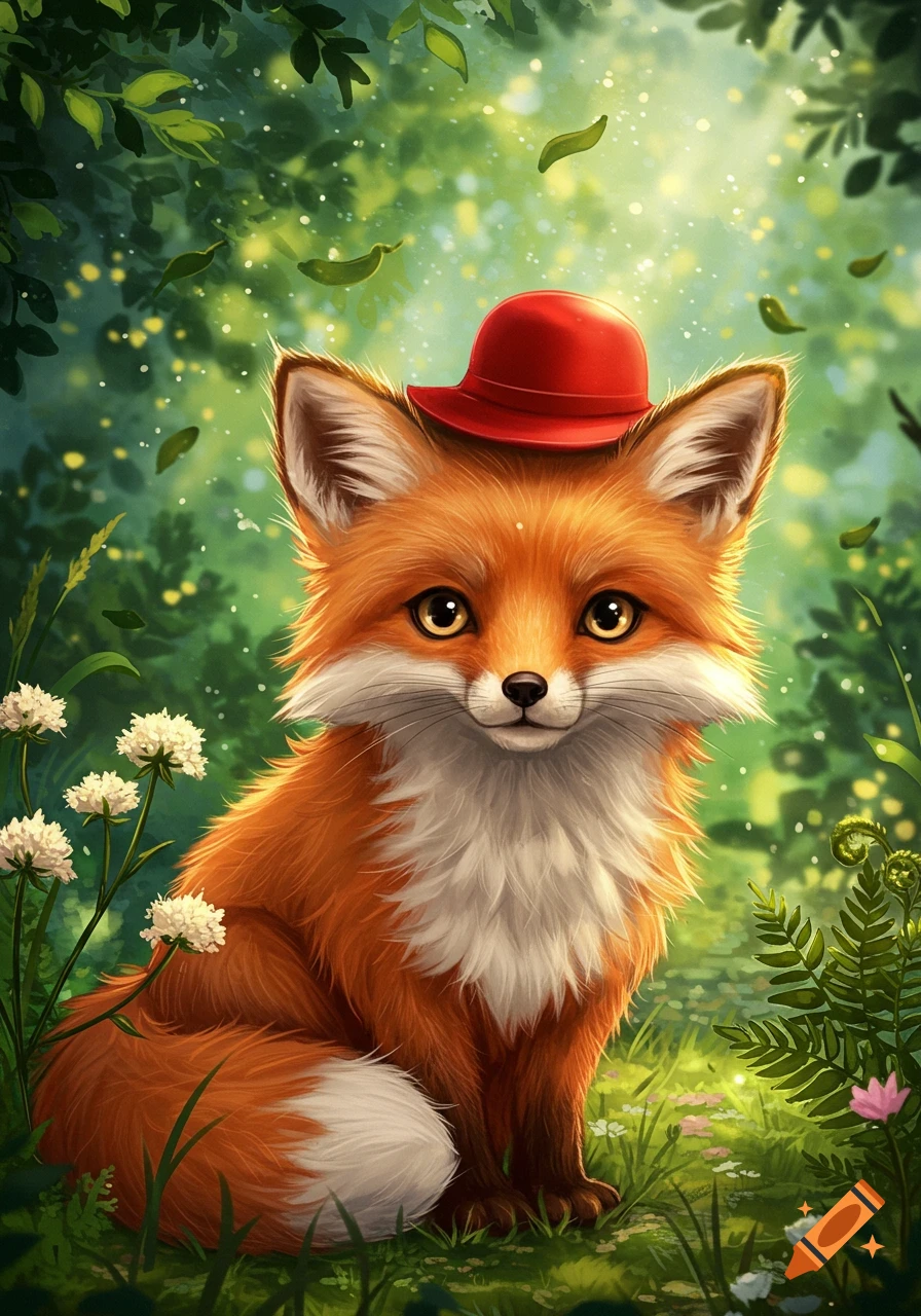 A cute, fluffy orange fox in a red hat sits in a vibrant green forest with white flowers and dappled sunlight, whimsical illustration.