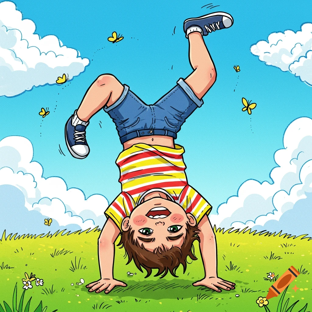 A happy cartoon child in a striped shirt and shorts does a handstand on a green grassy field under a blue sky with clouds and butterflies.