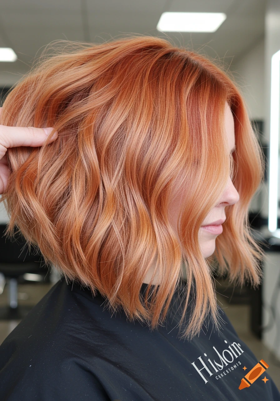Profile of a woman with a wavy strawberry blonde bob haircut in a salon, a hand touching her hair.