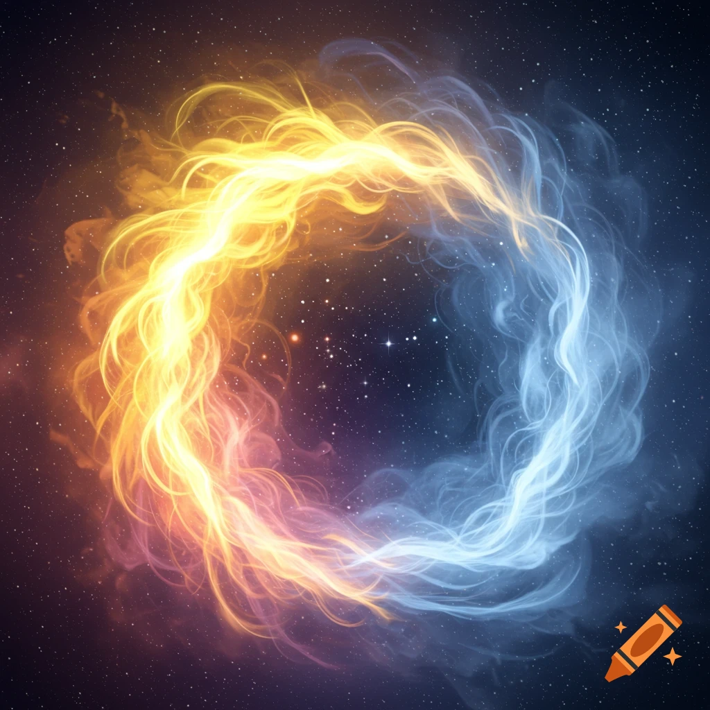 A swirling ring of golden-orange and blue-white energy, resembling fire and ice, set against a dark, starry cosmic background with faint nebulae.