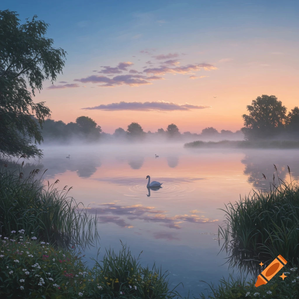 A serene, photorealistic foggy lake at sunrise with swans, reeds, and trees along the banks.