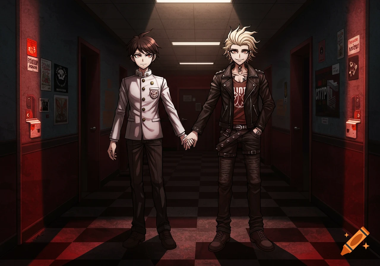 Two anime men, one in a white school uniform and one in a leather jacket, hold hands in a dimly lit hallway.