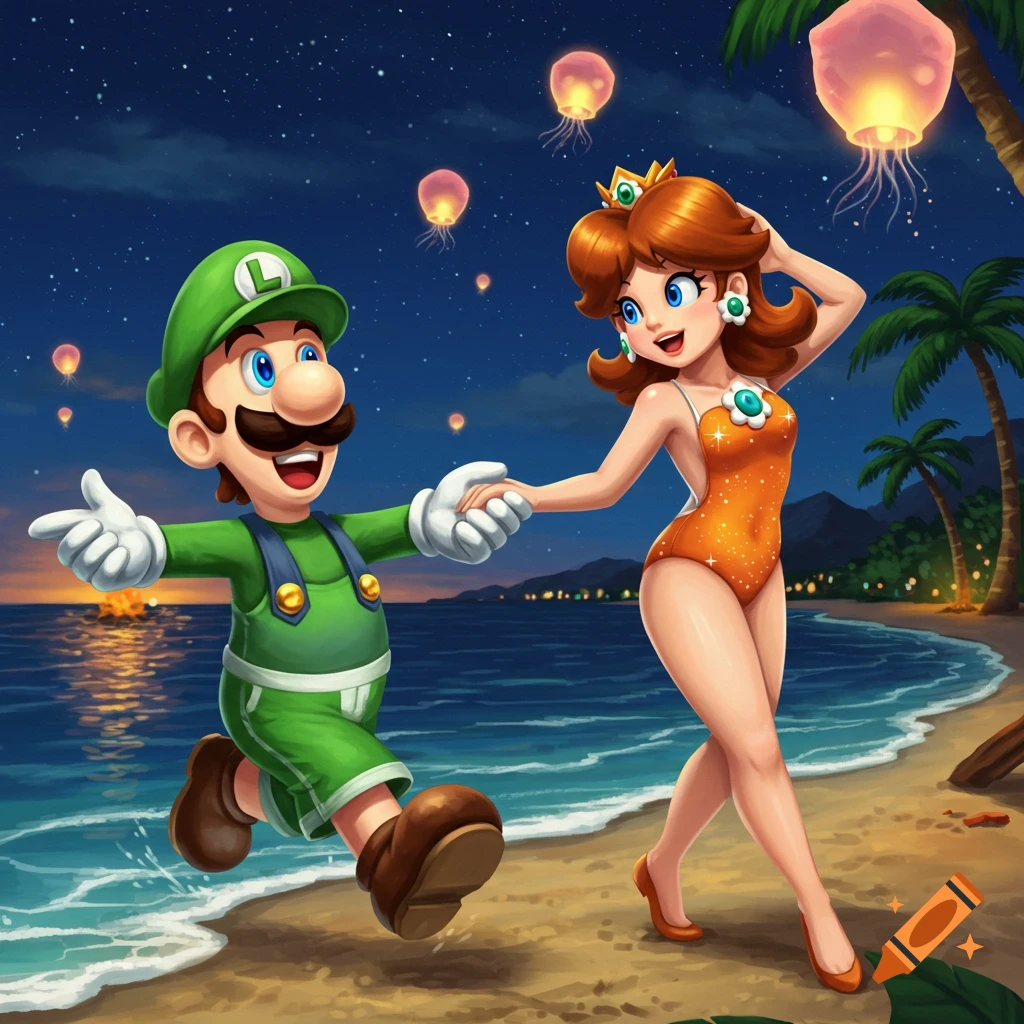 Luigi and Daisy run holding hands on a moonlit beach at night. Luigi wears green, Daisy an orange swimsuit.