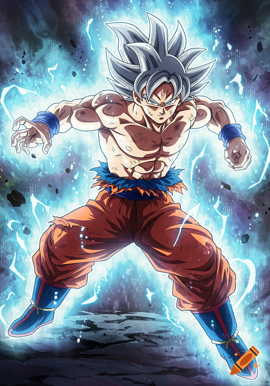 Goku in his Ultra Instinct form, surrounded by a glowing blue aura, in a dynamic battle stance. Anime art style.