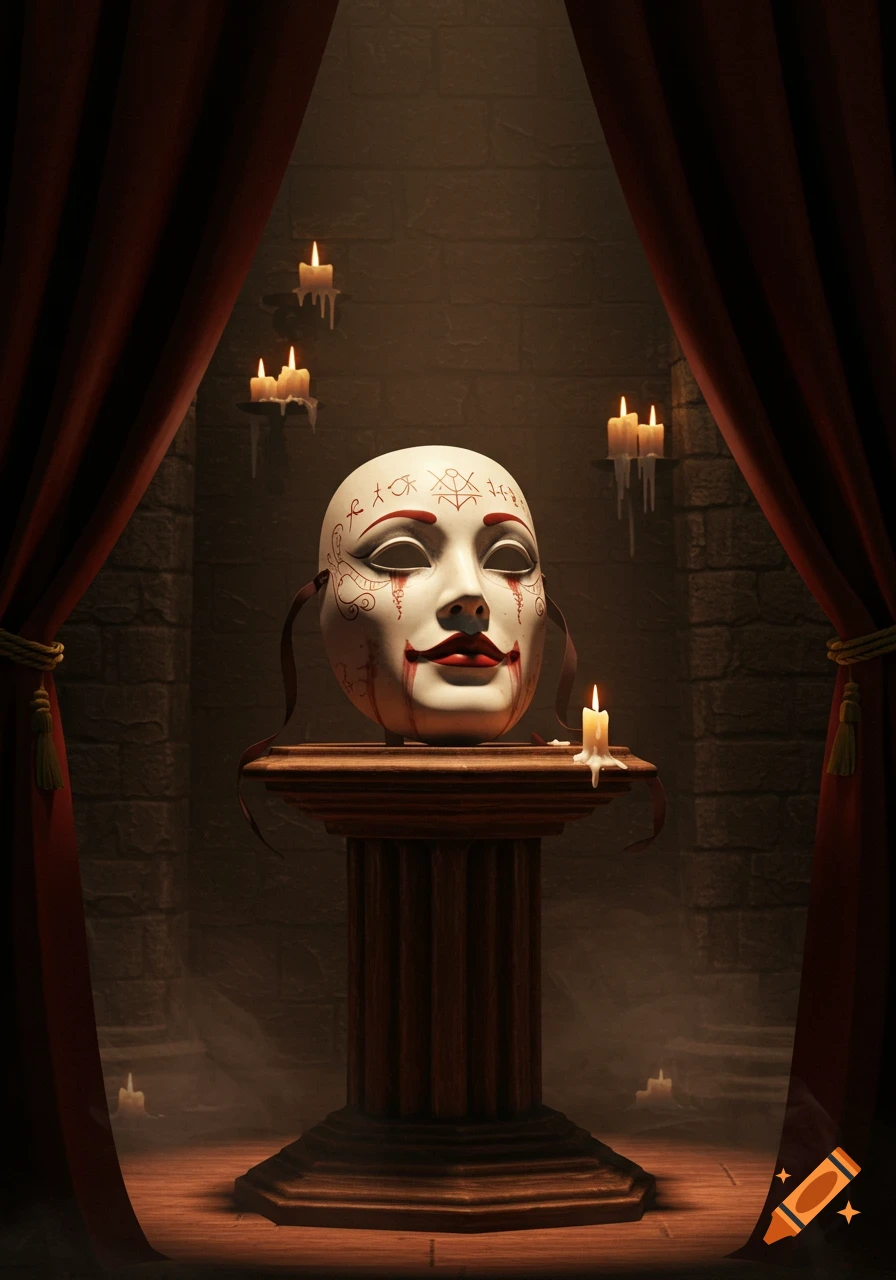 A white, eerie mask with red markings and red lips sits on a wooden pedestal, flanked by dark red curtains and illuminated by flickering candles against a stone wall in a dim room.