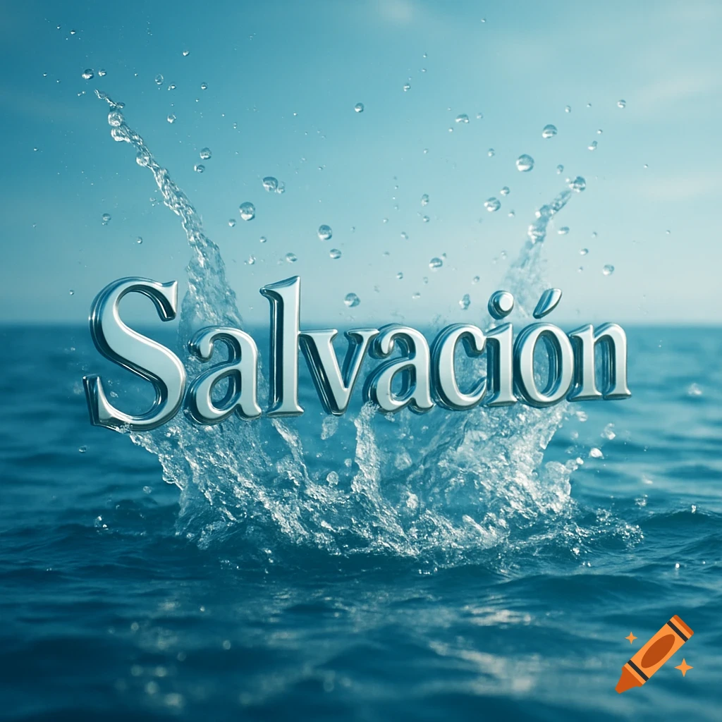 Metallic 3D letters spelling 'Salvación' emerge from dynamic splashing ocean water under a clear blue sky.