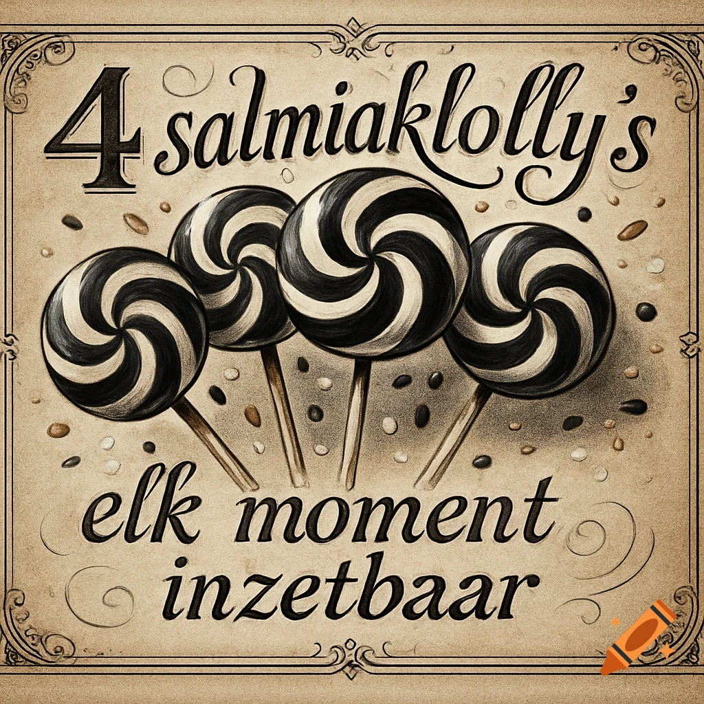 Four black and white swirled lollipops with sticks on a vintage sepia-toned background with text and small candies.