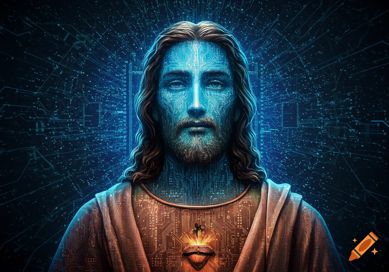 A digital art portrait of Jesus with his face and robe made of glowing circuit board patterns on a dark, wired background.