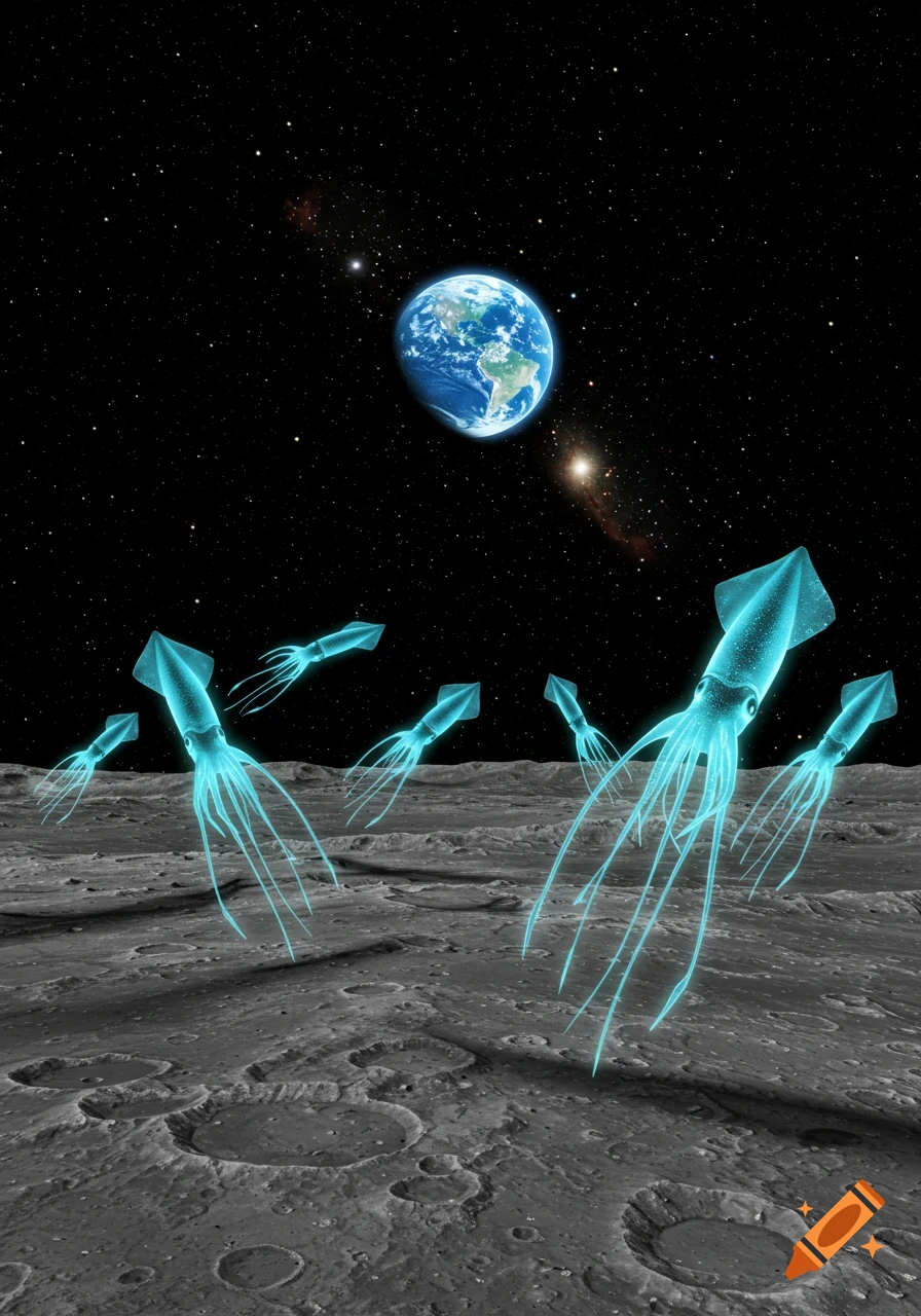 Glowing blue squids hover over the cratered moon surface, with Earth and stars in the deep space background.