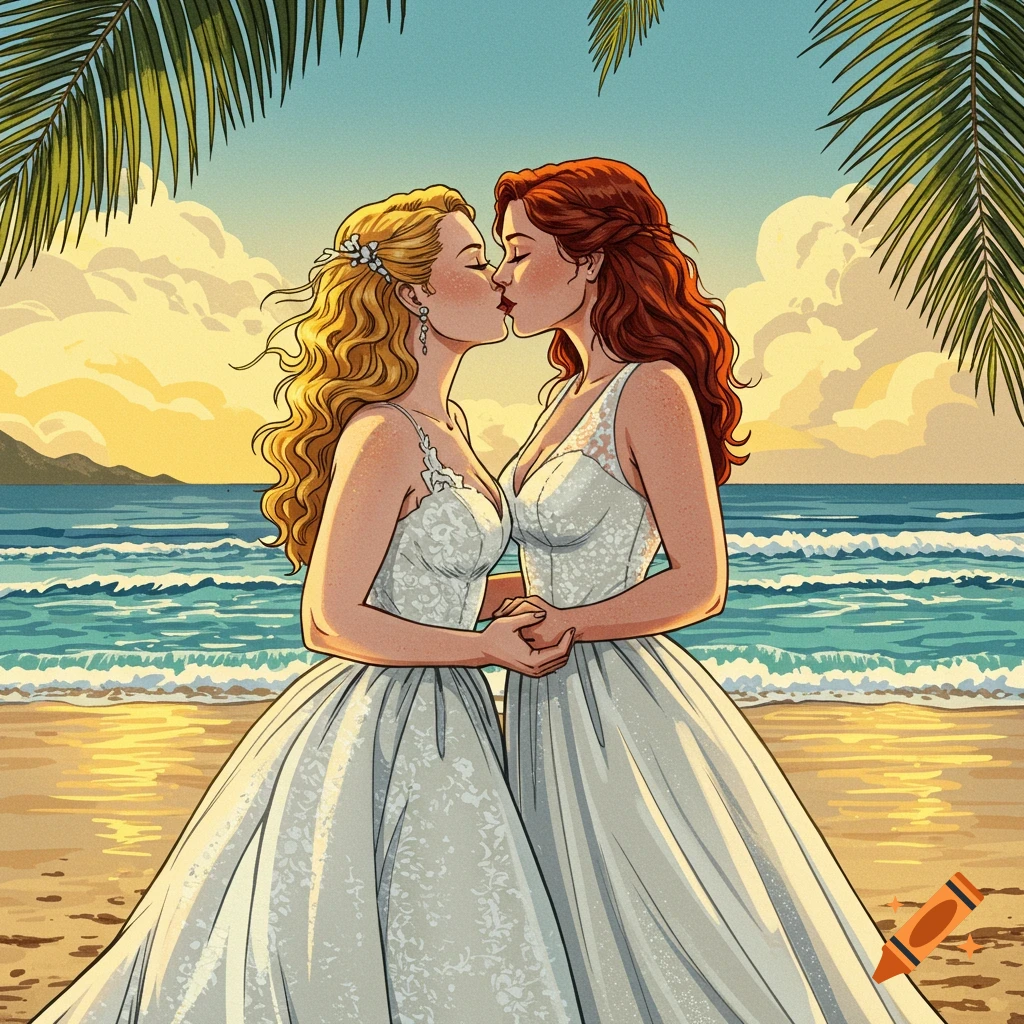 A pulp art illustration of two women in white wedding dresses kissing on a beach with the ocean and a sunset in the background.