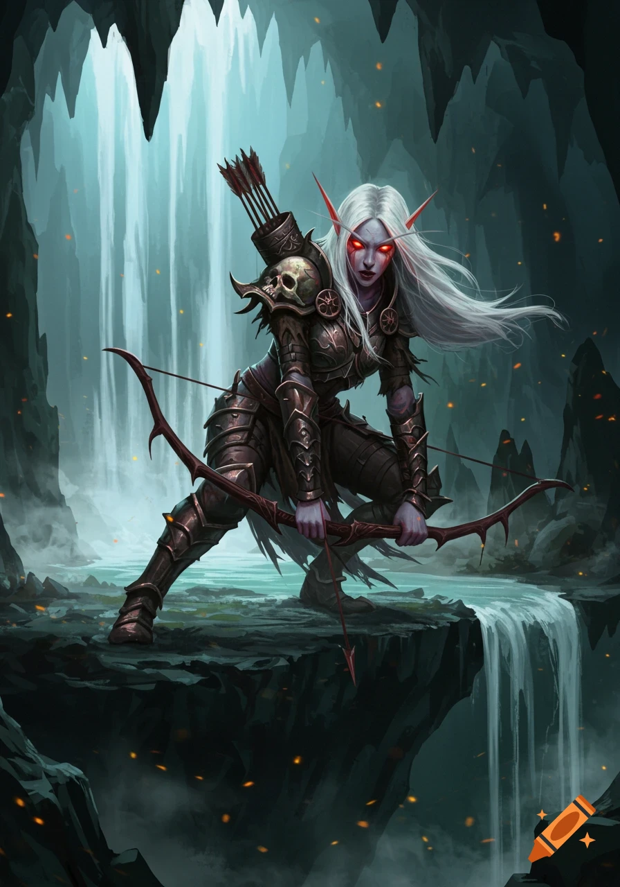 A pale-skinned elven huntress with glowing red eyes and skull armor crouches on a cliff in a dark cave with waterfalls, holding a bow.