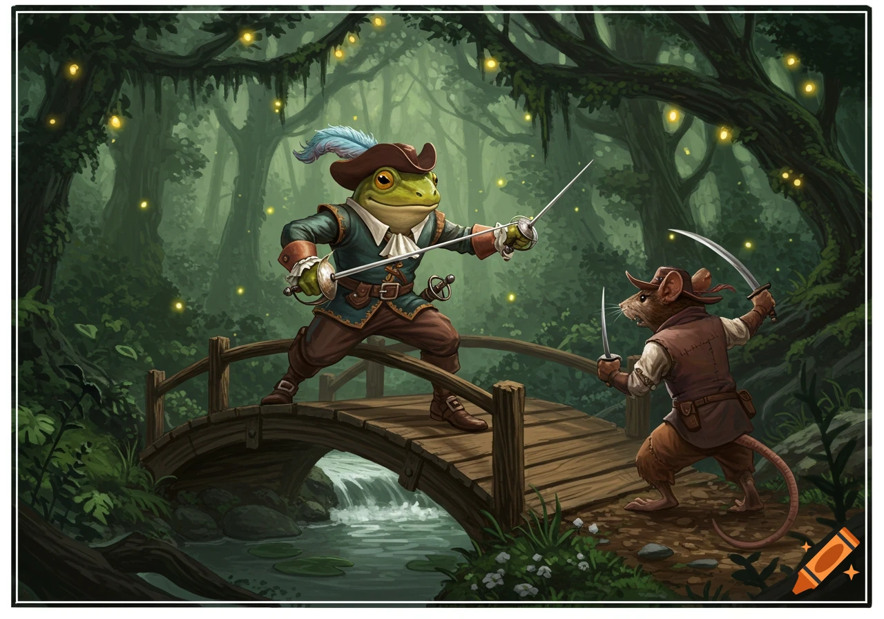 A frog musketeer and a rat bandit sword fighting on a wooden bridge in a magical forest with glowing lights. Detailed illustration.