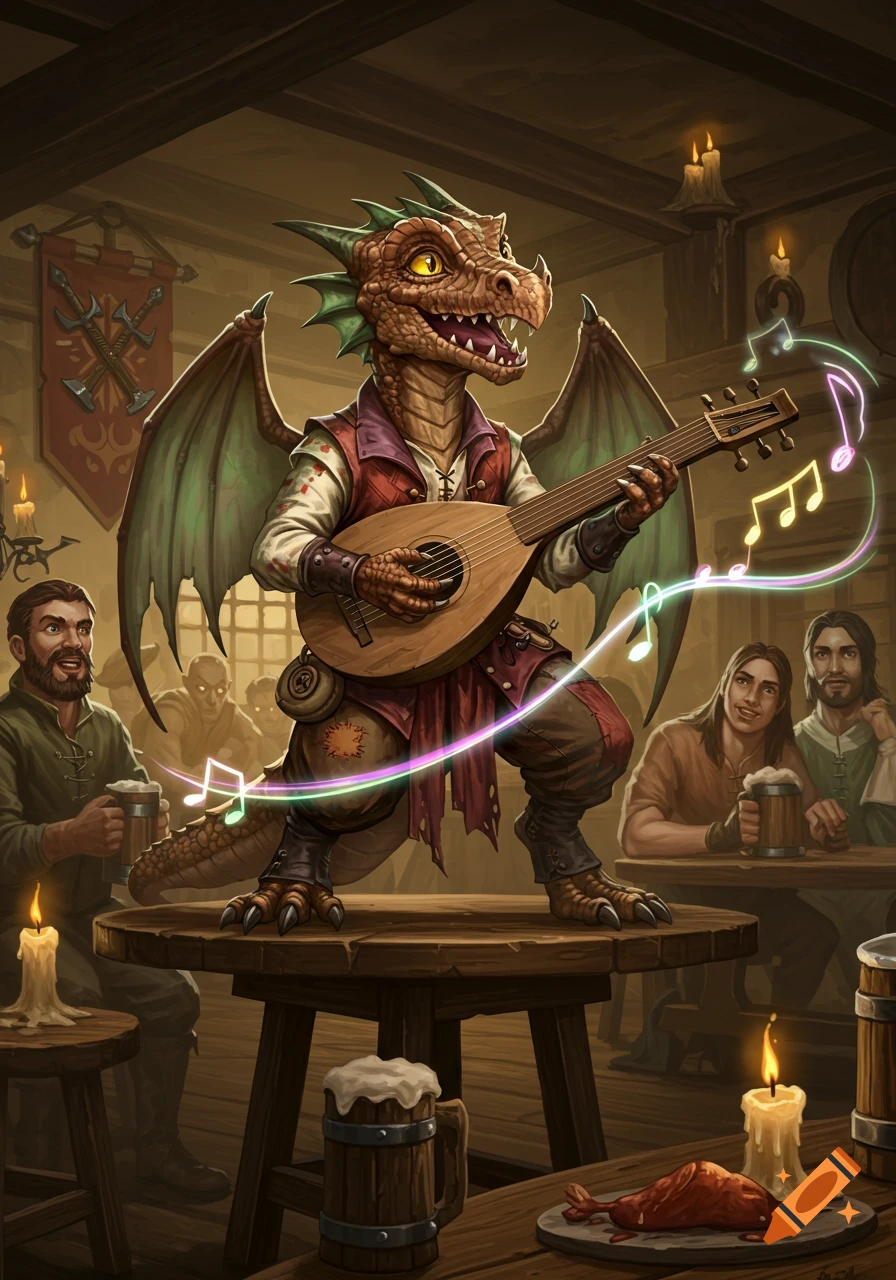 A winged, dragon-like bard plays a lute atop a wooden table in a bustling fantasy tavern, with magical musical notes.