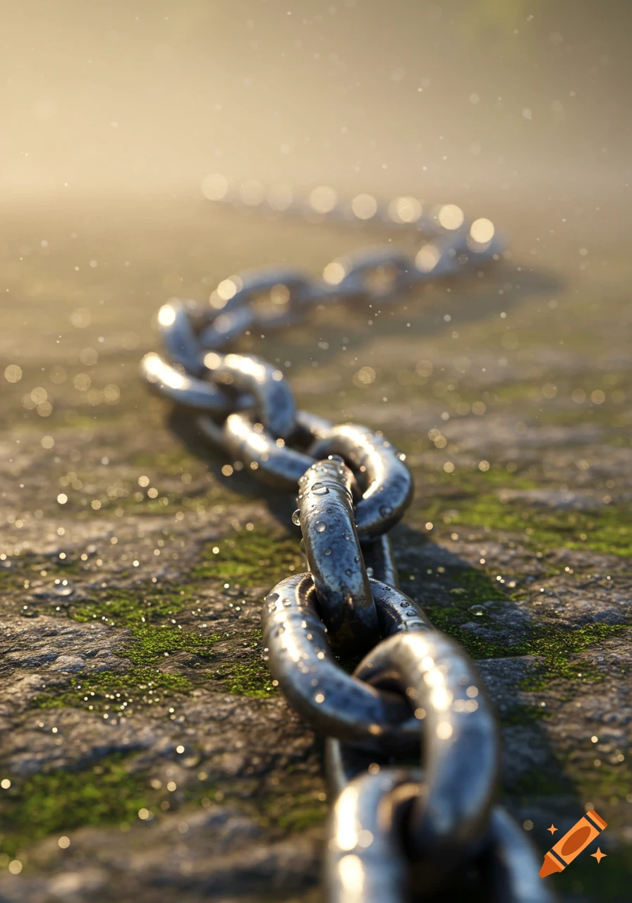 Photorealistic close-up of a wet metal chain lying on mossy ground, glistening in the morning light with bokeh effect.