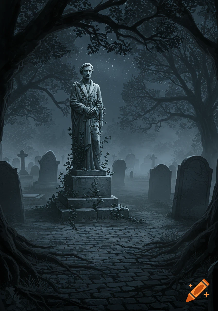A stone statue of a man stands in a misty, moonlit graveyard, surrounded by overgrown trees and tombstones.