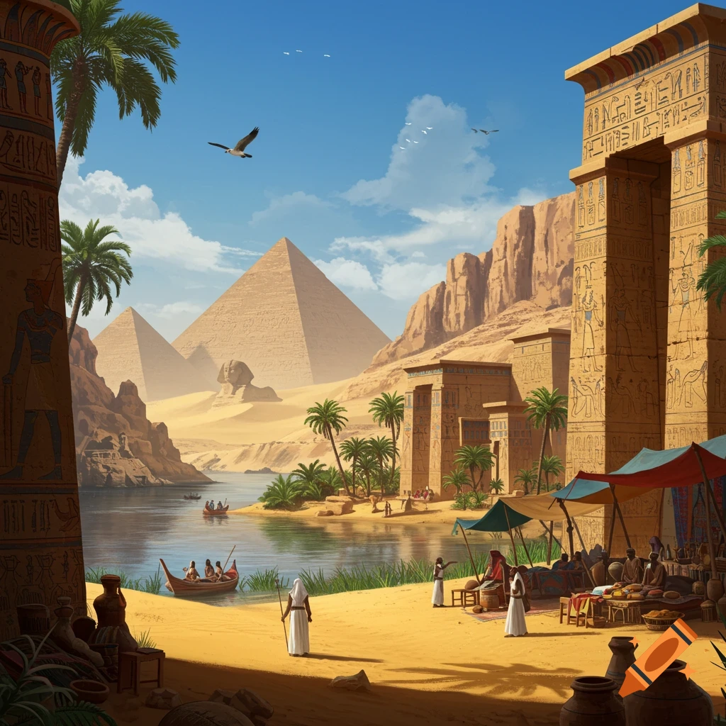 An ancient Egyptian landscape with pyramids, the Sphinx, temples, palm trees, a river with boats, and people on sandy banks under a blue sky.
