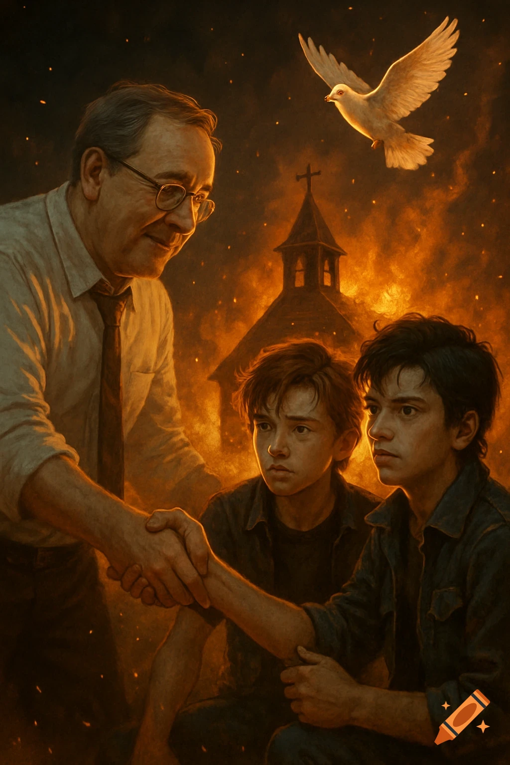 An older man shakes a boy's hand, with another boy, a church, and a dove against a fiery, dramatic background.
