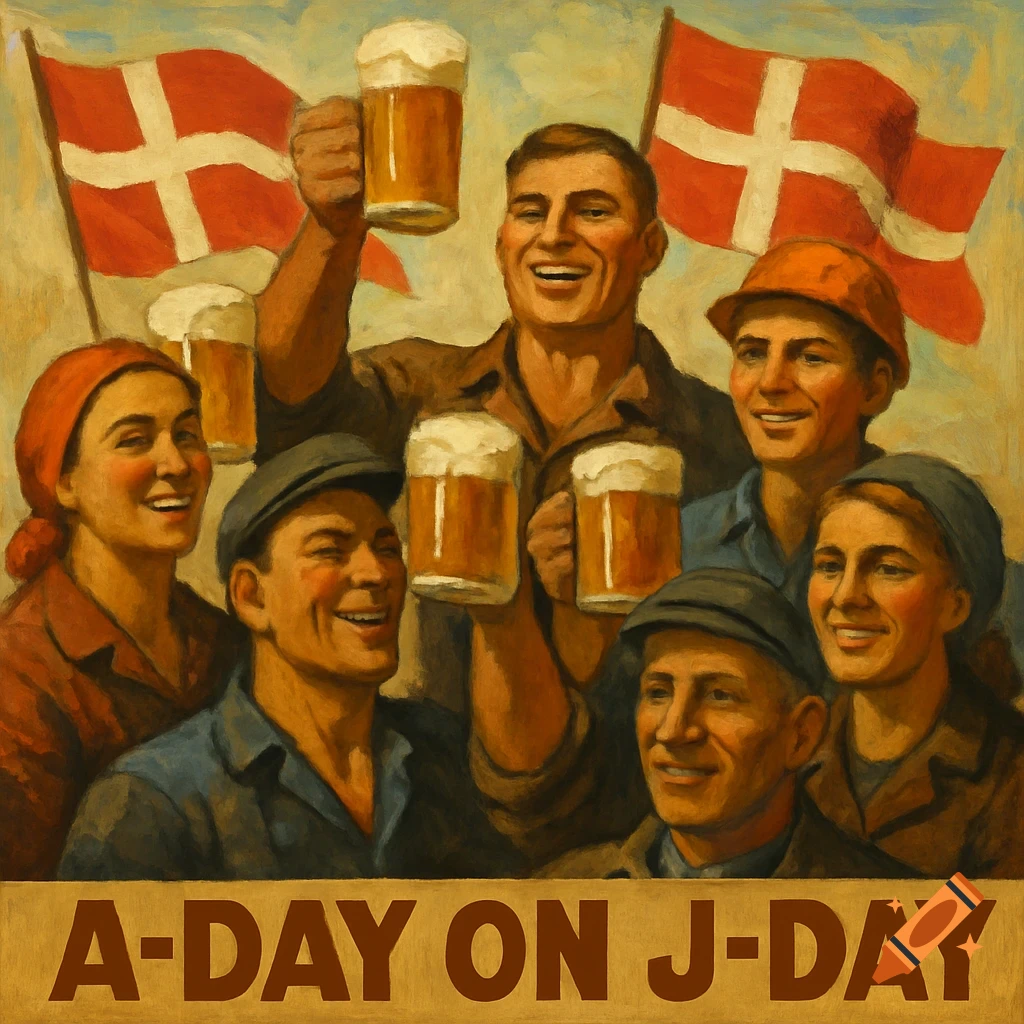 Acrylic painting of happy workers holding beers, with Danish flags in the background, text 'A-DAY ON J-DAY'.