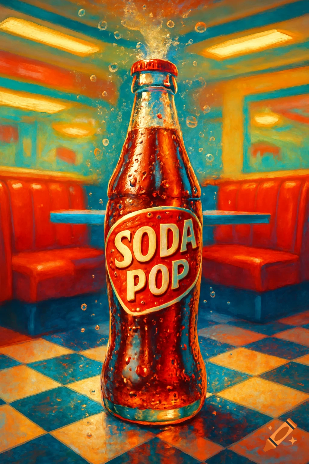 A vibrant, stylized painting of a soda pop bottle in a retro diner, with bubbles fizzing from the top.