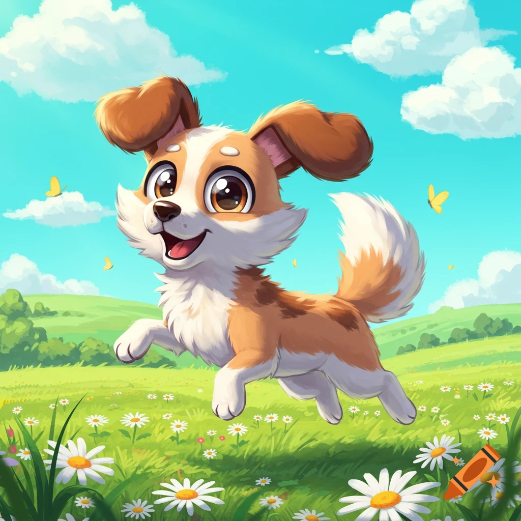 A happy cartoon puppy with brown and white fur leaps through a sunny green field of daisies and butterflies.