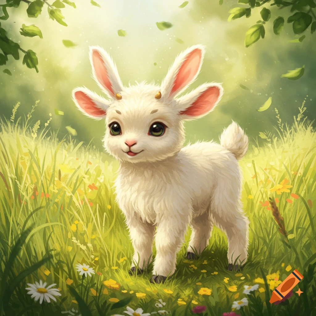 A super cute white goat-bunny-puppy hybrid with large green eyes stands in a lush green field filled with small yellow and white flowers.