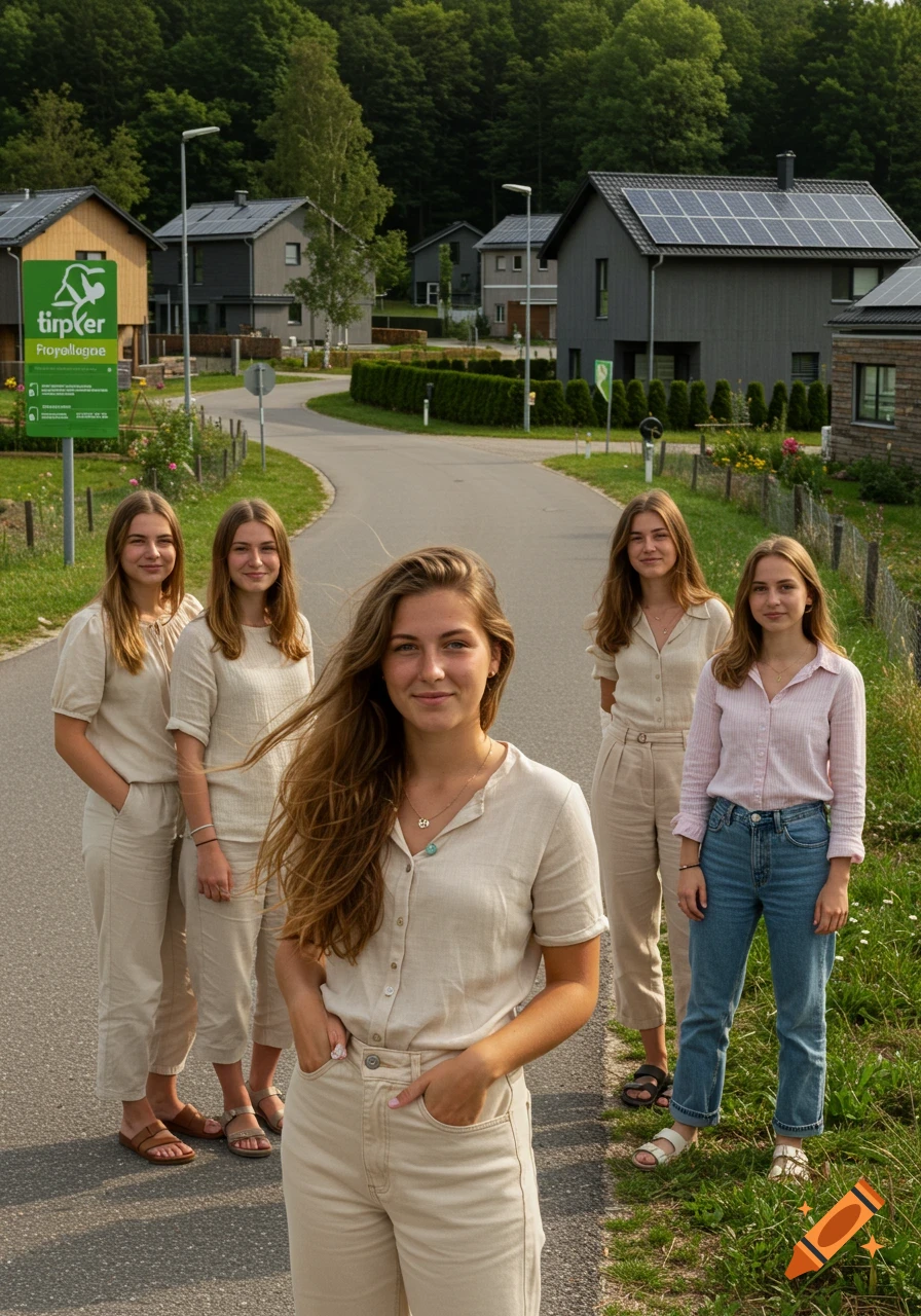 Five young women in pastel clothing stand on a paved road in a modern village with houses and green trees. Photorealistic style.