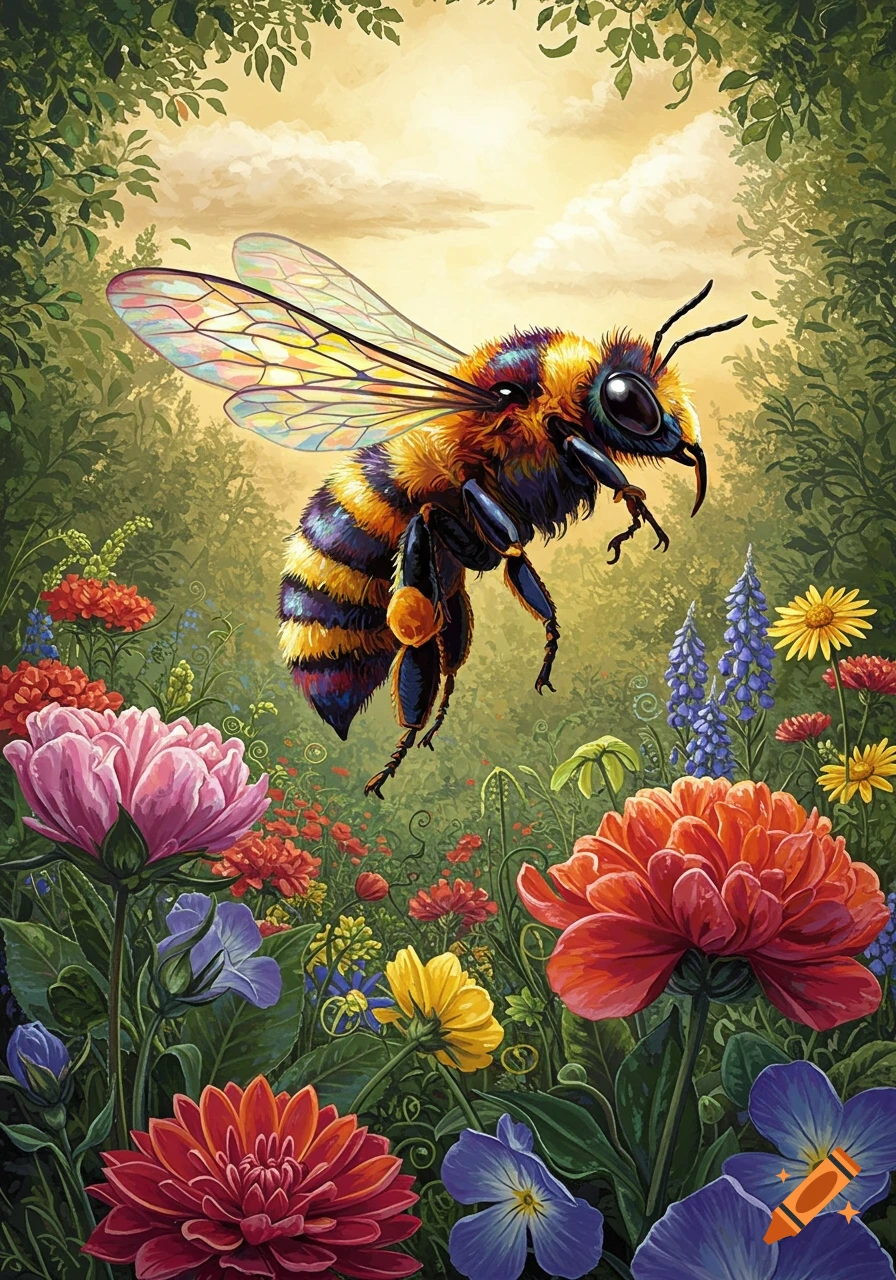A large, colorful bee with iridescent wings flies above a vibrant field of pink, red, yellow, and blue flowers, in an illustrative style.