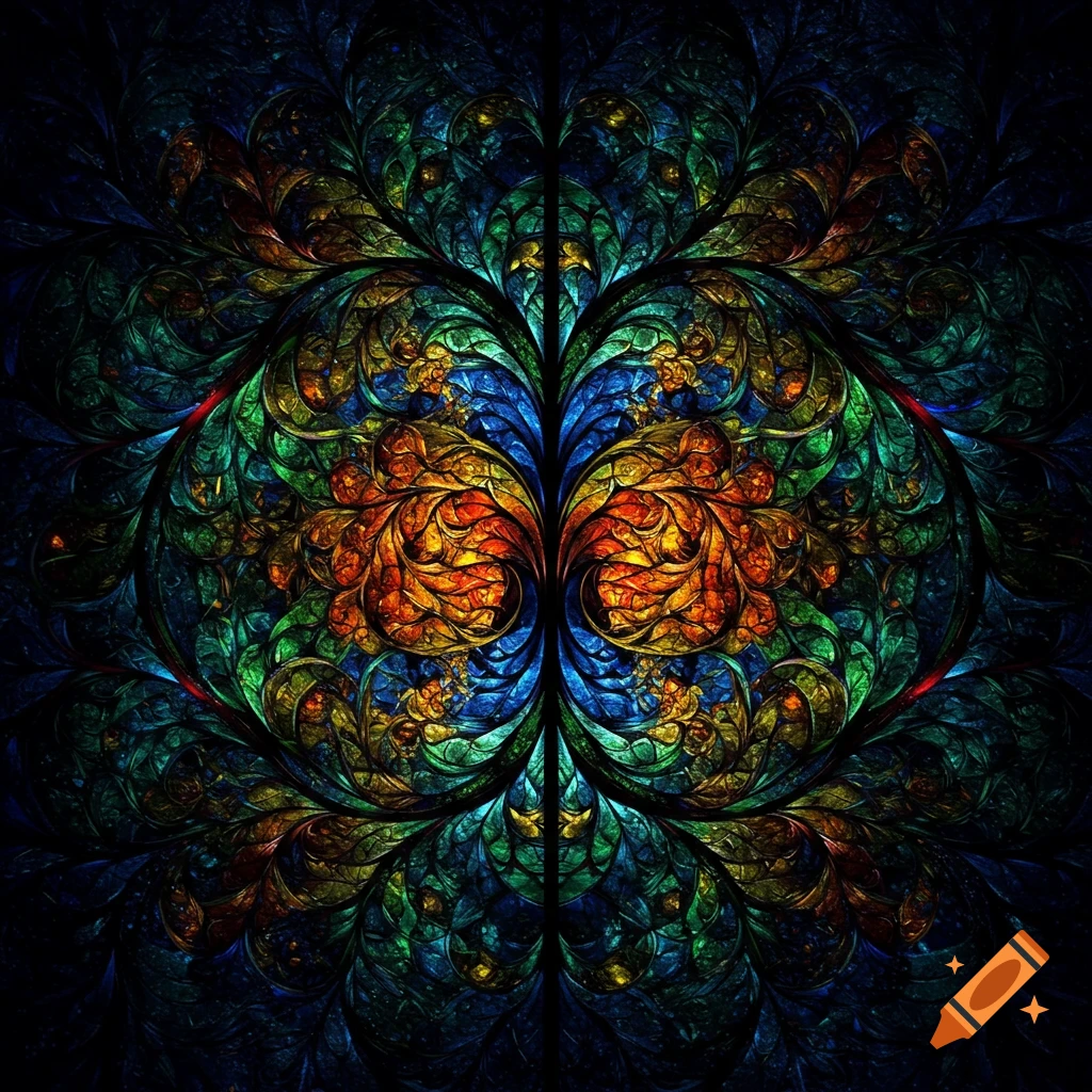 Vibrant abstract stained glass art with intricate fractal patterns in blue, green, orange, and yellow on a dark background.
