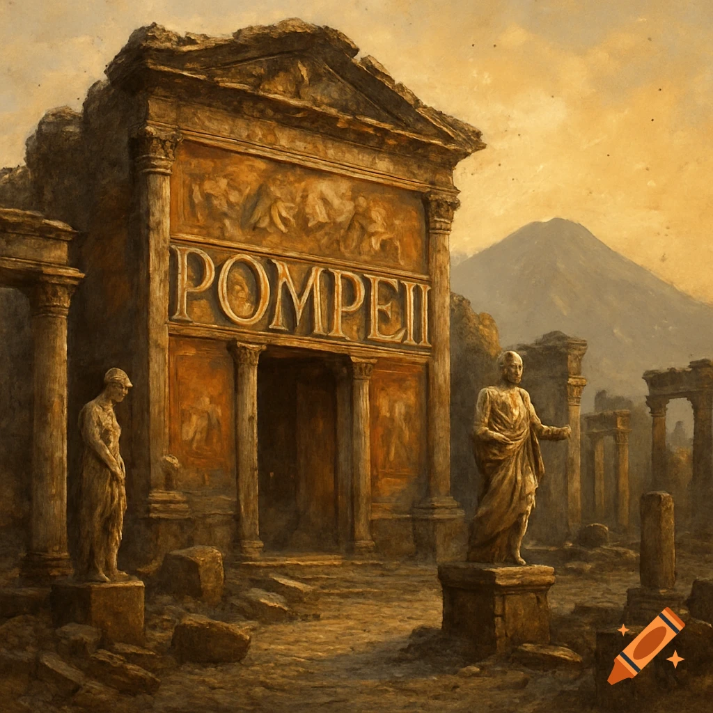 A painterly depiction of ancient Roman ruins with the word 'POMPEII' on a building and Mount Vesuvius in the background.