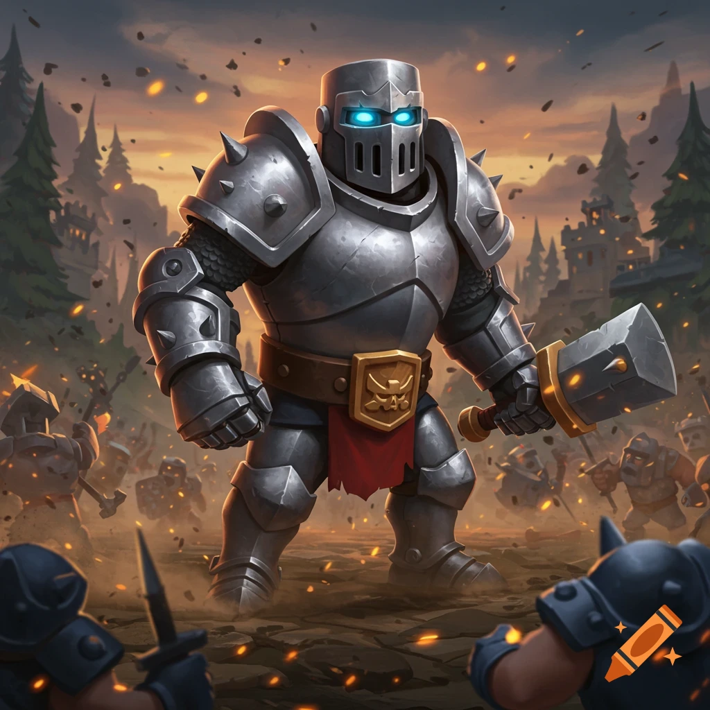 A heavily armored knight with glowing blue eyes holds a hammer on a battlefield with other warriors and castles in a stylized art style.
