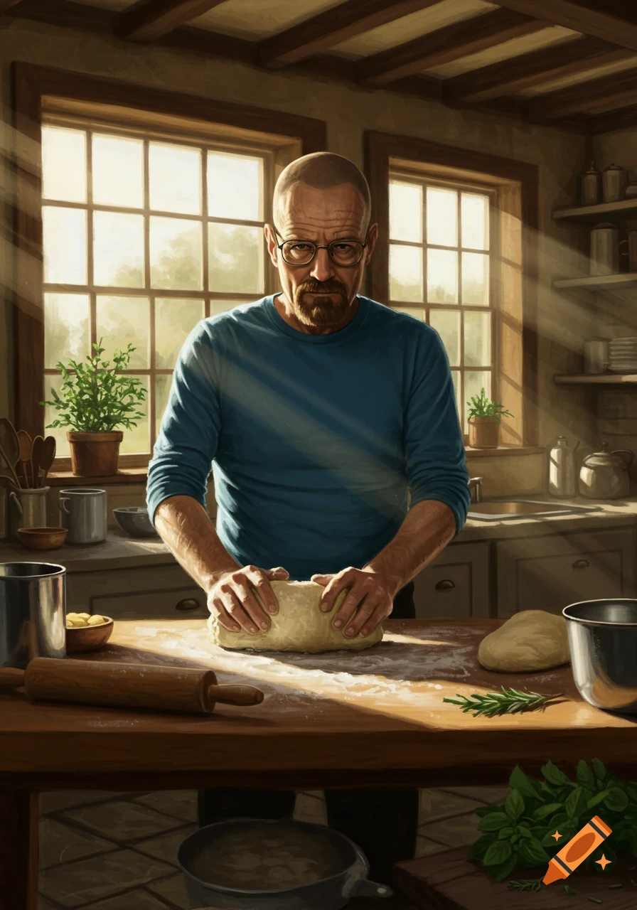 Walter White-like man in a blue shirt kneading bread dough in a sunlit kitchen, painterly style.