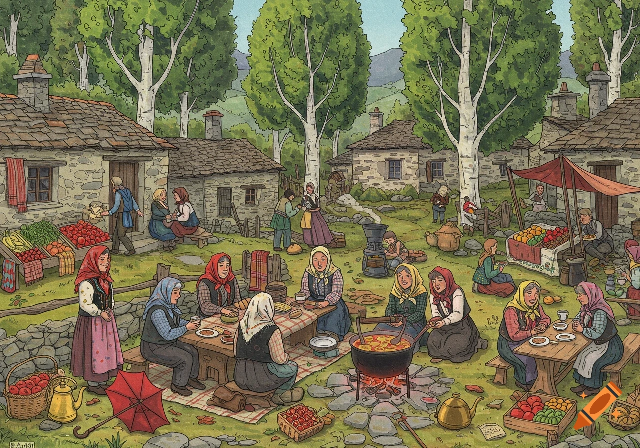 A detailed illustration of a bustling traditional village scene where people in folk attire gather, eat, sell produce, and cook outdoors.