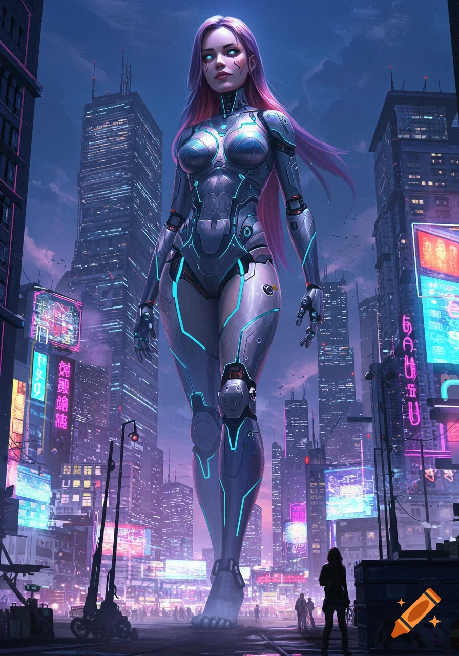 Giant female cyborg with pink hair and glowing blue accents walks through a futuristic neon city at night.