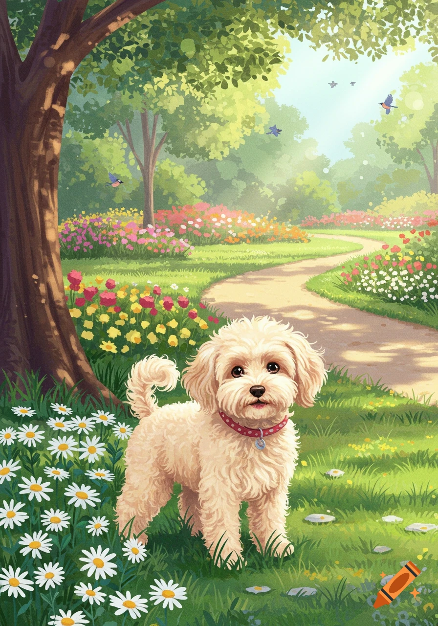 A fluffy light-colored dog with a red collar stands among white daisies in a vibrant, sunlit park with colorful flowers, trees, and a winding path.