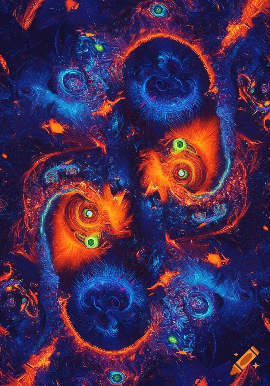 Vibrant, psychedelic abstract art with swirling blue and orange patterns and glowing green eye-like shapes.
