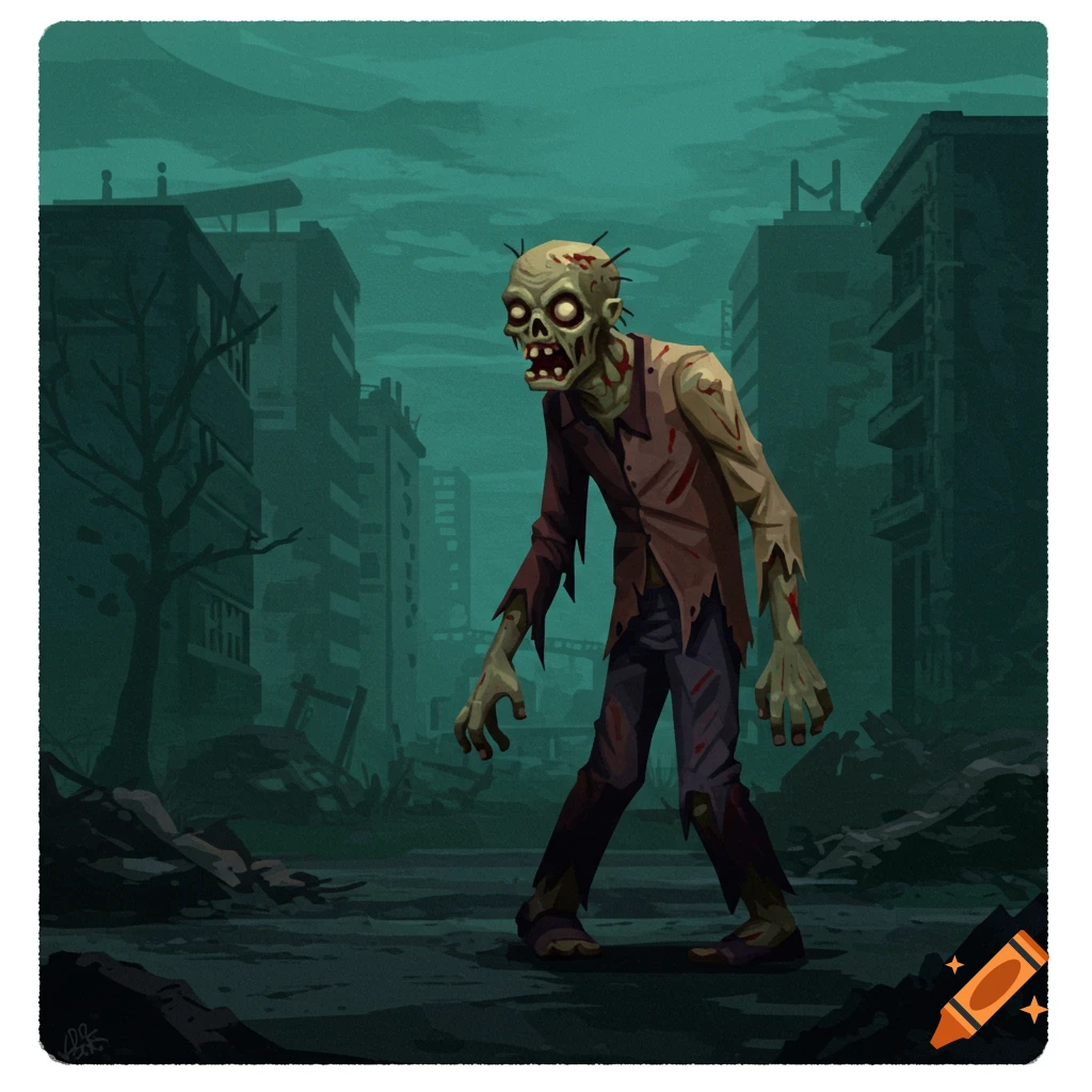A stylized zombie with glowing eyes walks through a ruined city under a greenish sky in a retro game art style.