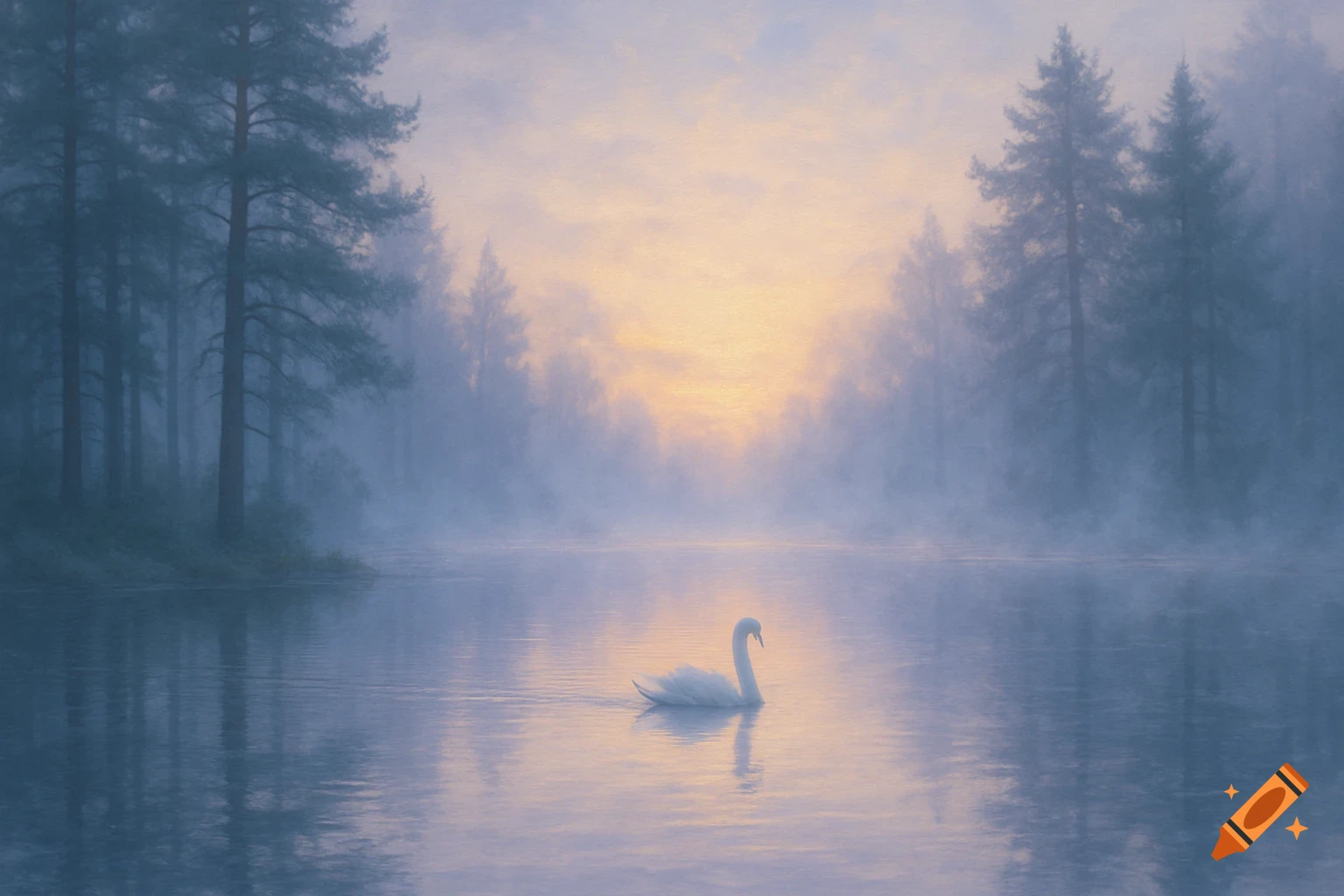 A white swan on a misty, calm lake at sunrise, with silhouetted pine trees in the background.
