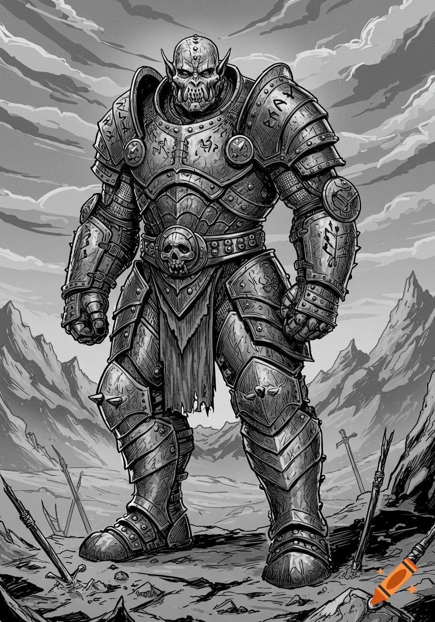 Black and white drawing of an armored orc warrior standing in a desolate, mountainous landscape.