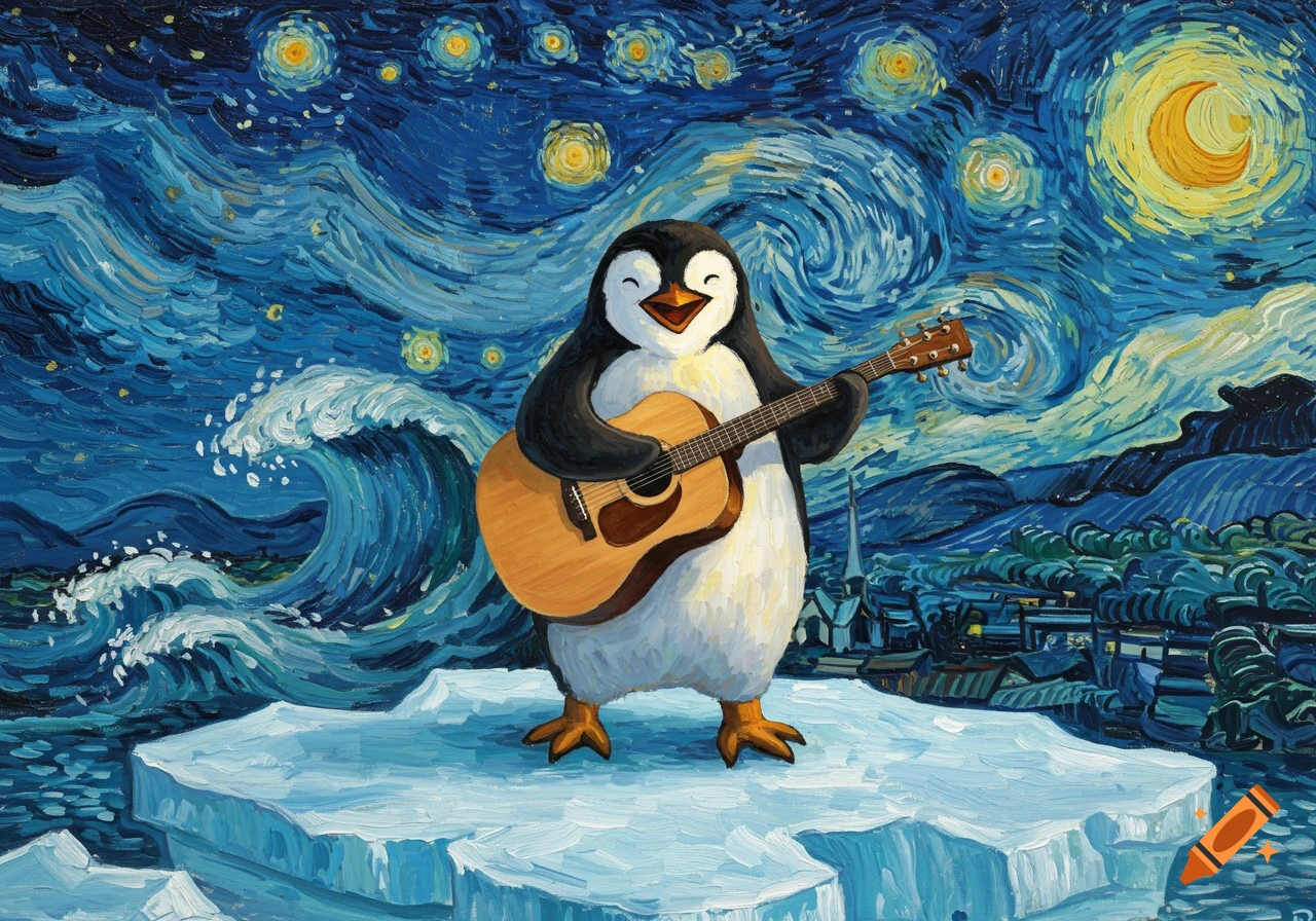 A smiling penguin plays guitar on an iceberg, set against a Van Gogh-style swirling starry night and stormy ocean.
