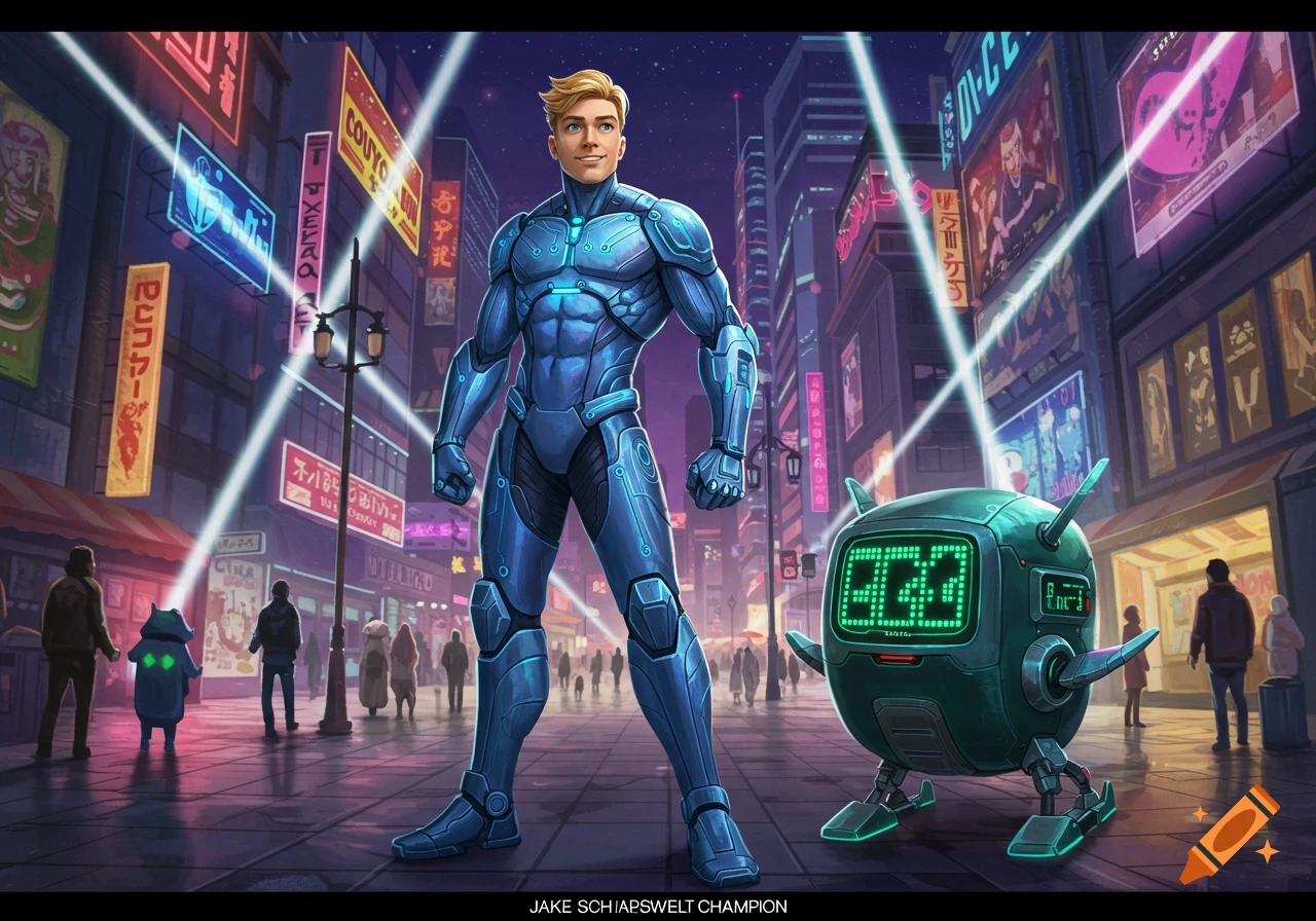 A blonde superhero in a blue suit stands confidently with a green robot sidekick in a neon-lit futuristic city street at night.