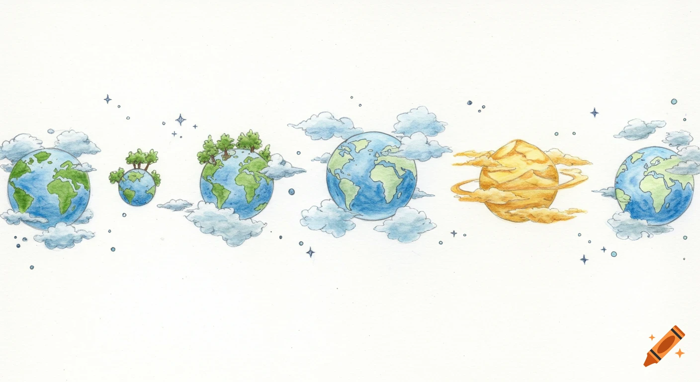 Watercolor illustration of several stylized planets, some with trees, floating among clouds and stars on a white background.