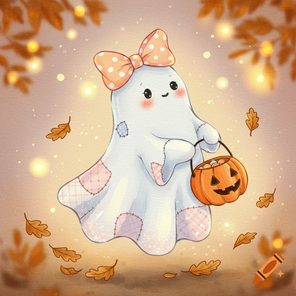 A cute watercolor patchwork ghost with a polka dot bow, holding a pumpkin trick-or-treat bucket amidst falling autumn leaves.