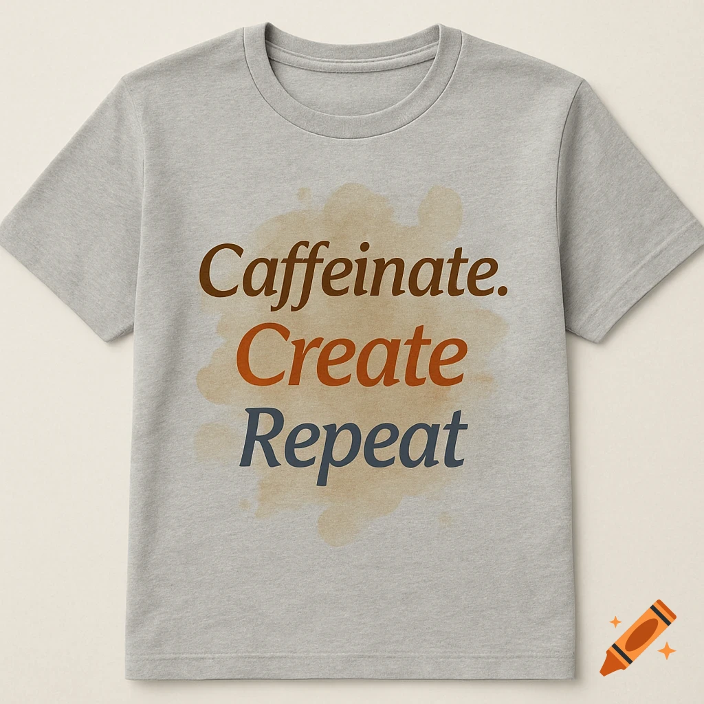 Light gray t-shirt with 'Caffeinate. Create. Repeat' in brown, orange, and blue fonts, surrounded by light brown coffee stains.