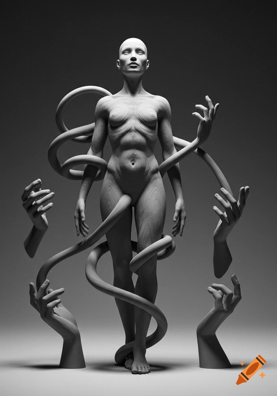 Abstract wooden statue of a nude, bald figure with swirling wood grain, surrounded by disembodied hands and tendrils, in black and white.