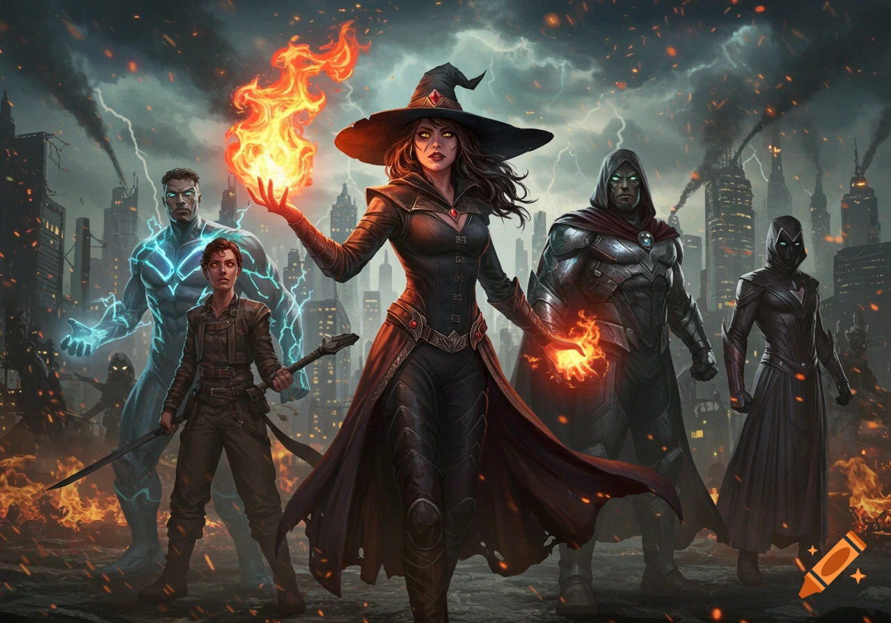 A diverse team of fantasy heroes, led by a witch with fire, stands in a ruined city under a stormy, fiery sky.