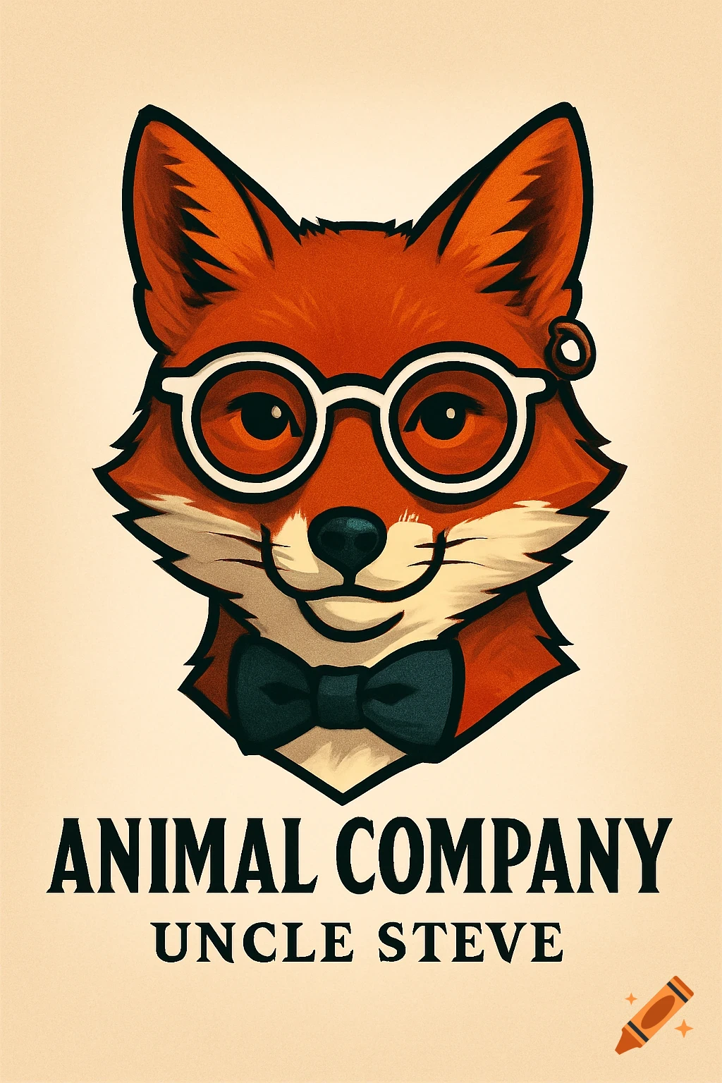 A stylized cartoon logo of a fox head wearing white circle glasses and a black bow tie, with the text "ANIMAL COMPANY UNCLE STEVE" below.
